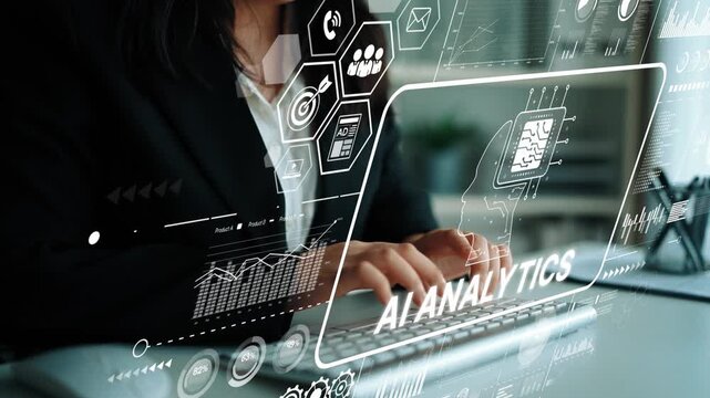 Business professional working on laptop with data analysis and artificial intelligence interface in modern office setting. Asymptotic smart data analytic.