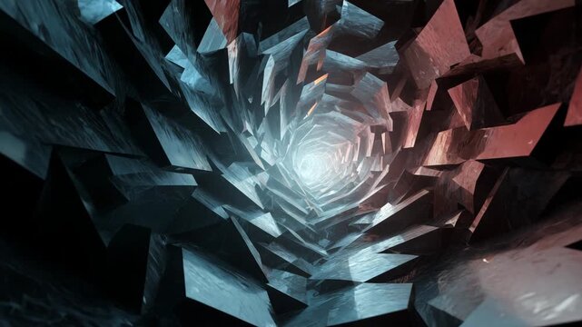 Ultra HD Abstract crystal tunnel with glowing light futuristic geometric vortex background dynamic crystalline structure with blue and orange hues video