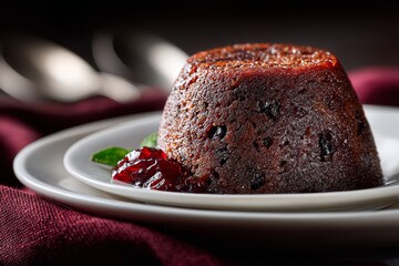 Classic British Christmas pudding with berry sauce and mint garnish, ideal for festive holiday dining and winter celebration promotions