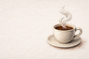 A cup of hot coffee on a fabric background. Space for text.