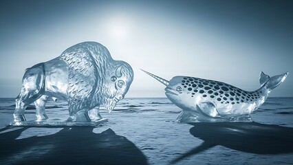 A fantastical scene featuring a hippopotamus standing on water facing a narwhal with a long spiral tusk in a surreal aquatic environment
