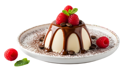 Delicious panna cotta dessert with chocolate sauce and fresh raspberries on a white plate isolated on transparent background