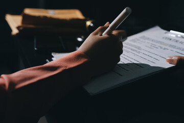 Consultation and conference of professional businesswoman and Male lawyers working and discussion having at law firm in office. Concepts of law, Judge gavel with scales of justice