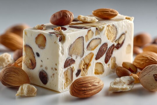 Traditional Italian torrone nougat slice with almonds, ideal for festive menus, gourmet gifts, or Mediterranean dessert promotions