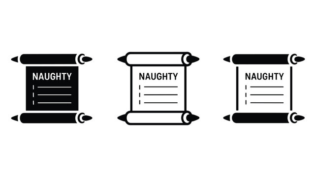 Three black and white sets representing naughty lists on scrolls for Christmas or Santa symbol