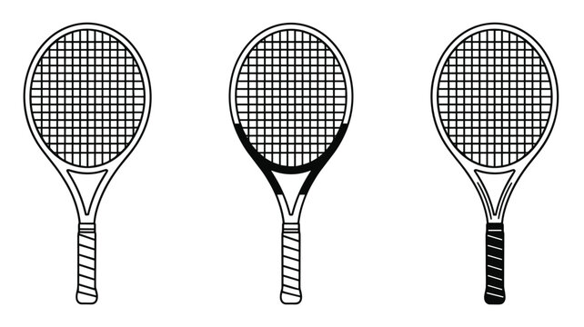 Three black and white tennis racket in outline style with variations in grip and head detail sport
