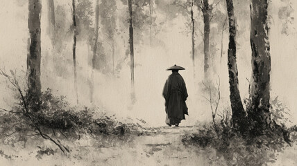 Traditional Asian Art of a Mysterious Wanderer Walking Into Foggy Monochrome Forest.