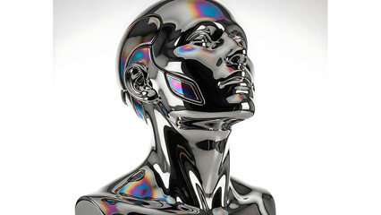 A highly reflective chrome bust of a human figure looking upwards, with iridescent rainbow hues on its surface against a white background.