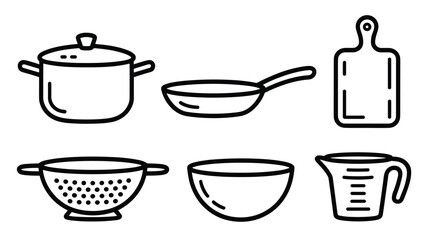 Collection of essential kitchen utensil line including pot pan bowl and measuring cup utensils