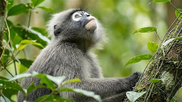 A dusky leaf monkey (spectacled langur) sitting on a tree branch in a tropical rainforest