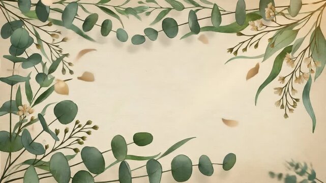 A textured parchment background adorned with a border of eucalyptus branches, green leaves, and small white and beige blossoms, evoking a rustic and natural feel.