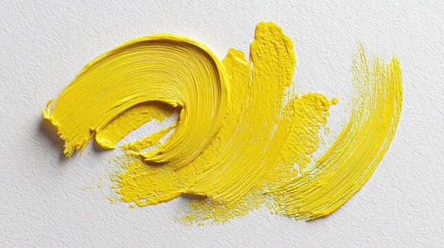 Minimalist composition of yellow paint swaths on a white background, textured brush marks