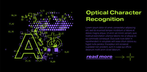 Obraz premium Neon green and purple digital cloud of numbers, squares and multilingual 