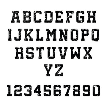 Varsity Distressed Alphabet A&ndash;Z and 0&ndash;9 &ndash; Grunge Sports Jersey Letters Vector EPS for Sports T-shirt Sublimation Cricut Silhouette.