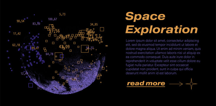 Glowing planet scattered with numerical data points and geometric squares on a black background. Conceptual vector illustration for space exploration, data visualization and cosmic digital themes.