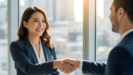 Businesswoman smiling and shaking hands with a man in an office Keywords: handshake, business, meeting, agreement, partnership, success