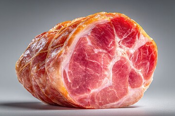 Glazed ham with visible pink interior and white fat, sliced and presented for festive meal or culinary promotion