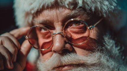 Elderly man in Santa hat and sunglasses poses joyfully, representing Christmas spirit and winter holiday lifestyle marketing