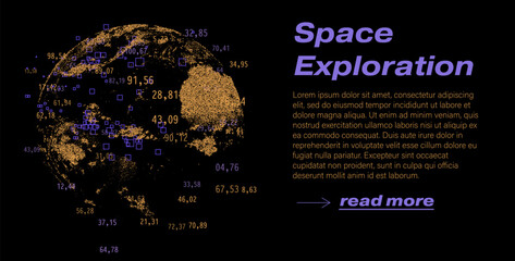 Glowing planet scattered with numerical data points and geometric squares on a black background. Conceptual vector illustration for space exploration, data visualization and cosmic digital themes.