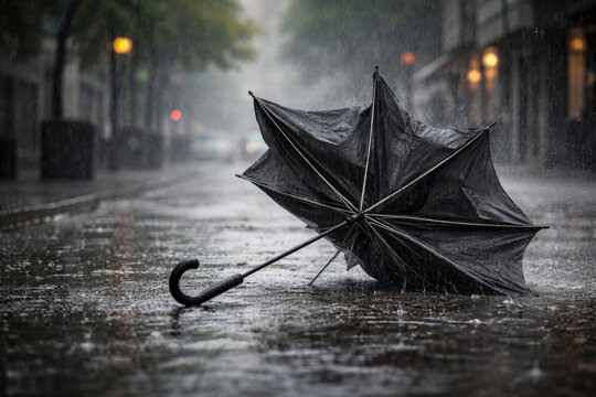 A broken umbrella lying in the pouring rain on an empty street. Space for text.