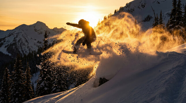Silhouette snowboarder jumping with powder spray against golden sunset mountains. Dynamic winter action shot conveying freedom and energy. Ideal for extreme sports and travel concepts.