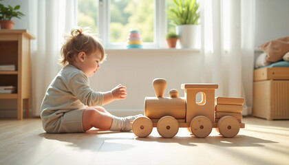Toddler playing with wooden train toy in bright indoor setting  
