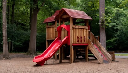 Traditional wooden playground nestled beneath leafy oak canopy with vibrant slides