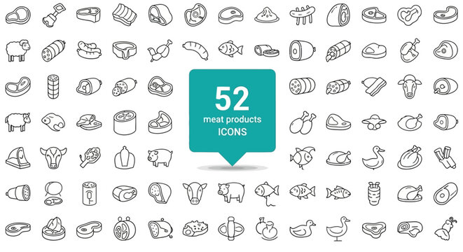 Diverse outline vector icon set for meat products, featuring a comprehensive collection of poultry, beef, pork, and seafood options, perfect for culinary graphic design and digital applications