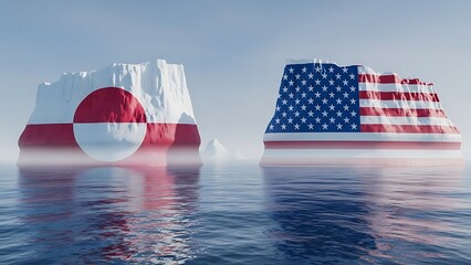 Two large icebergs floating in the ocean, one painted with the Japanese flag and the other with the American flag, against a partly cloudy sky