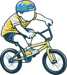 Naklejka premium Cartoon BMX Boy Crouched Riding Yellow Bike Action Pose Vector