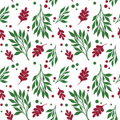 Festive Red & Green Leaf Seamless Pattern &mdash; Elegant Botanical Vector Background