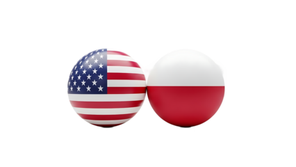 A pair of 3D spheres representing the flags of the United States and Poland against a black background on transparent background