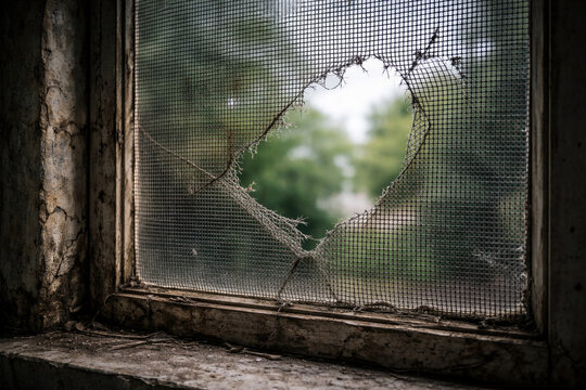 A leaky old mosquito net on an abandoned window.