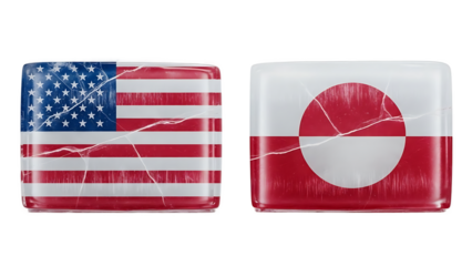 Two rectangular objects with glossy surfaces displaying the flags of the United States and Denmark on transparent background