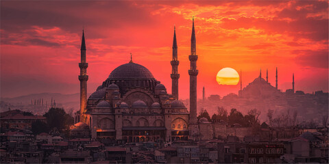 Naklejka premium Sunset over istanbul skyline featuring suleymaniye mosque and hagia sophia