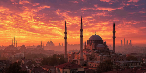 Mosques Dome shadow on twilight sky night red dark black with Crescent Moon ramadan islamic religion symbols.