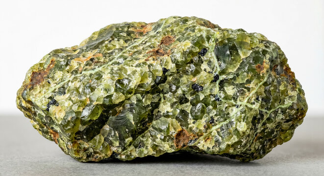 A collectible geological specimen of coarse grained dunite specimen composed almost entirely of olive green olivine mineral grains