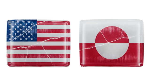 Two rectangular objects with glossy surfaces displaying the flags of the United States and Denmark on transparent background - Powered by Adobe