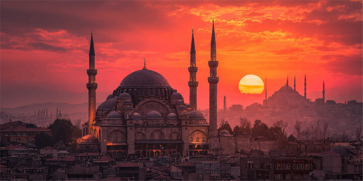Sunset over istanbul skyline featuring suleymaniye mosque and hagia sophia