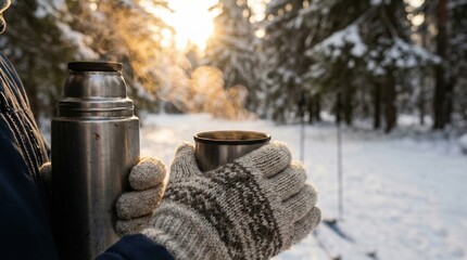 Close up of hands in mittens holding thermos and steaming cup in snowy forest. Scene conveys warmth and comfort during winter hiking. Ideal for travel and lifestyle projects.