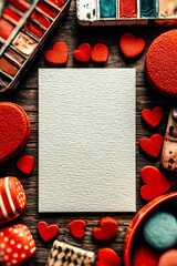 Blank white paper card on wooden table with red hearts and watercolor palette.