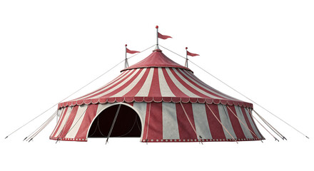 Vibrant red and white striped circus tent at night