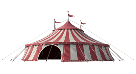 Vibrant red and white striped circus tent at night