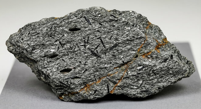 Metasomatic tourmaline schist rock specimen featuring dense black schorl crystal aggregates within a foliated metamorphic schistose matrix texture.