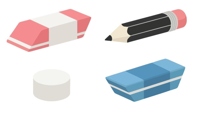 Stationery items including erasers and a pencil on transparent background silhouette