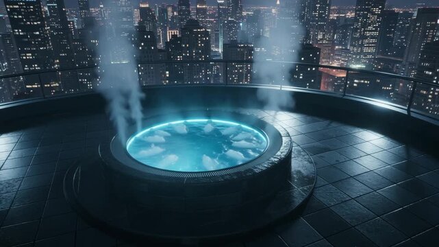 Rooftop jacuzzi at night with city lights creating luxury urban relaxation concept
