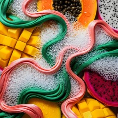 Abstract composition of bubbling foam with mango and pineapple textures in macro sensory immersion colorful artwork