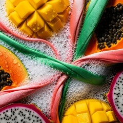 Macro detail of tropical fruit fizz and foam creating effervescent textures for trendy beverage artwork concept