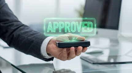 Businessman hand holding smartphone with green approved hologram, digital verification concept, loan acceptance technology, fintech success, virtual interface agreement, corporate finance deal.