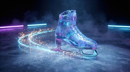 Glowing crystal ice skate gliding on dark ice with sparkling trail. A magical fantasy winter scene with neon lighting, perfect for holiday and sports concepts.